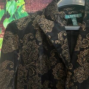 Lauren Ralph Lauren Stretch Velvet Floral Blazer Jacket Black Gold $199 NYE